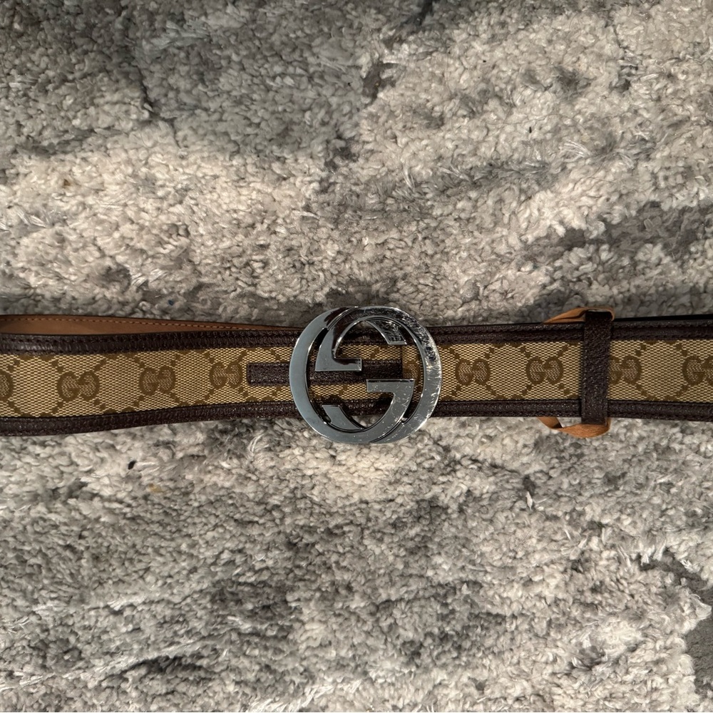 Gucci Tan and Brown Belt with Silver Emblem